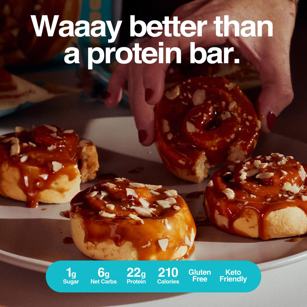 Legendary Foods Cinnamon Roll bar microwave-serve image highlighting quick post-workout fuel.