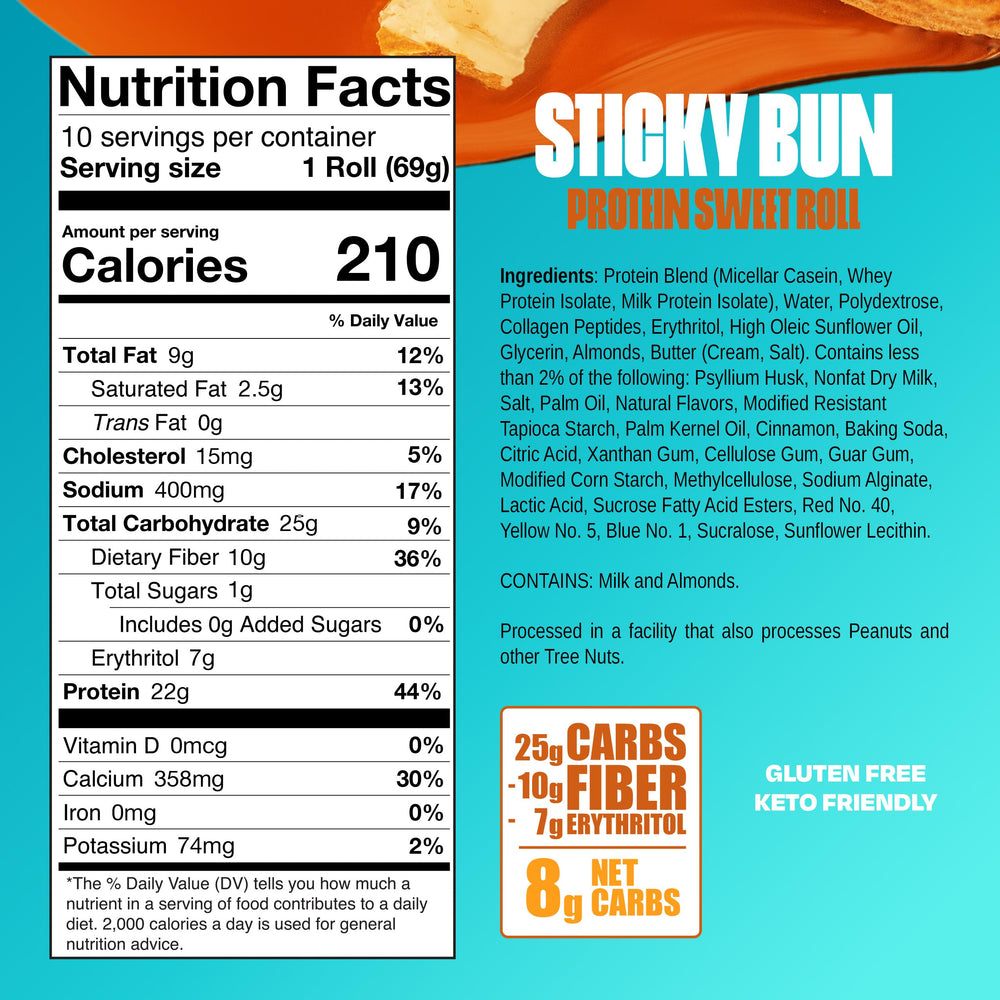 Legendary Foods Cinnamon Roll bar nutrition label emphasized for trackable macros and keto choices.