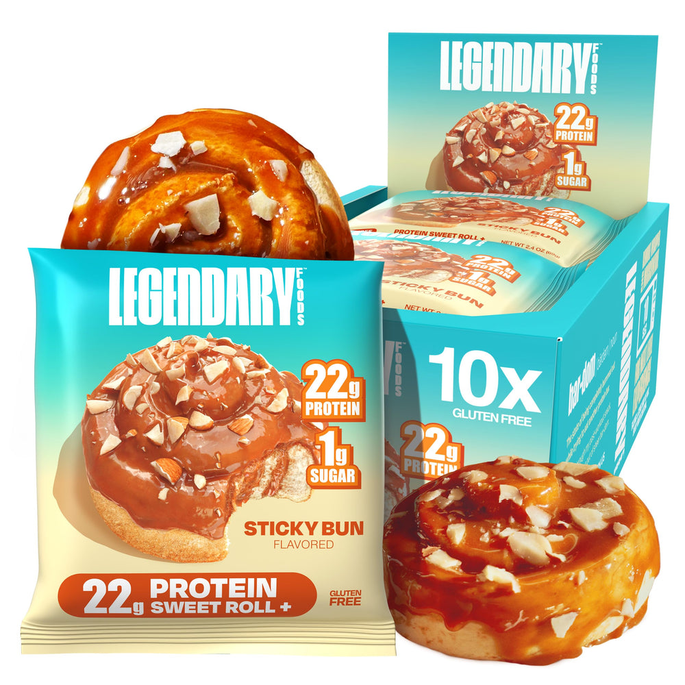 Legendary Foods Cinnamon Roll bar pack front for a high-protein, gluten-free snack on the go.
