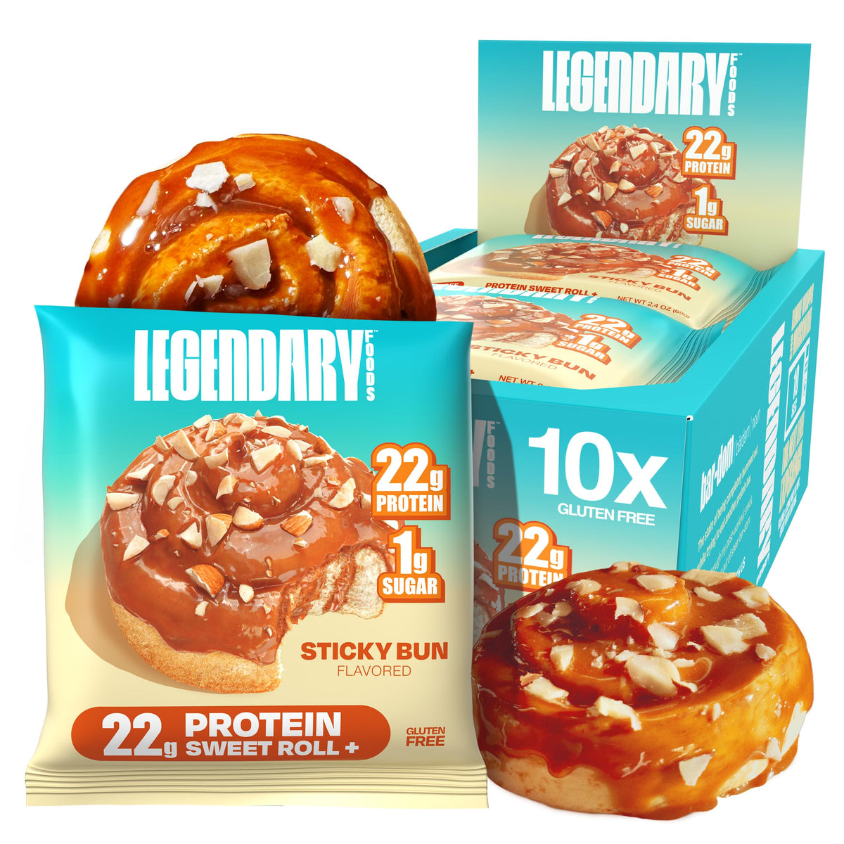 Legendary Foods Cinnamon Roll bar pack front for a high-protein, gluten-free snack on the go.