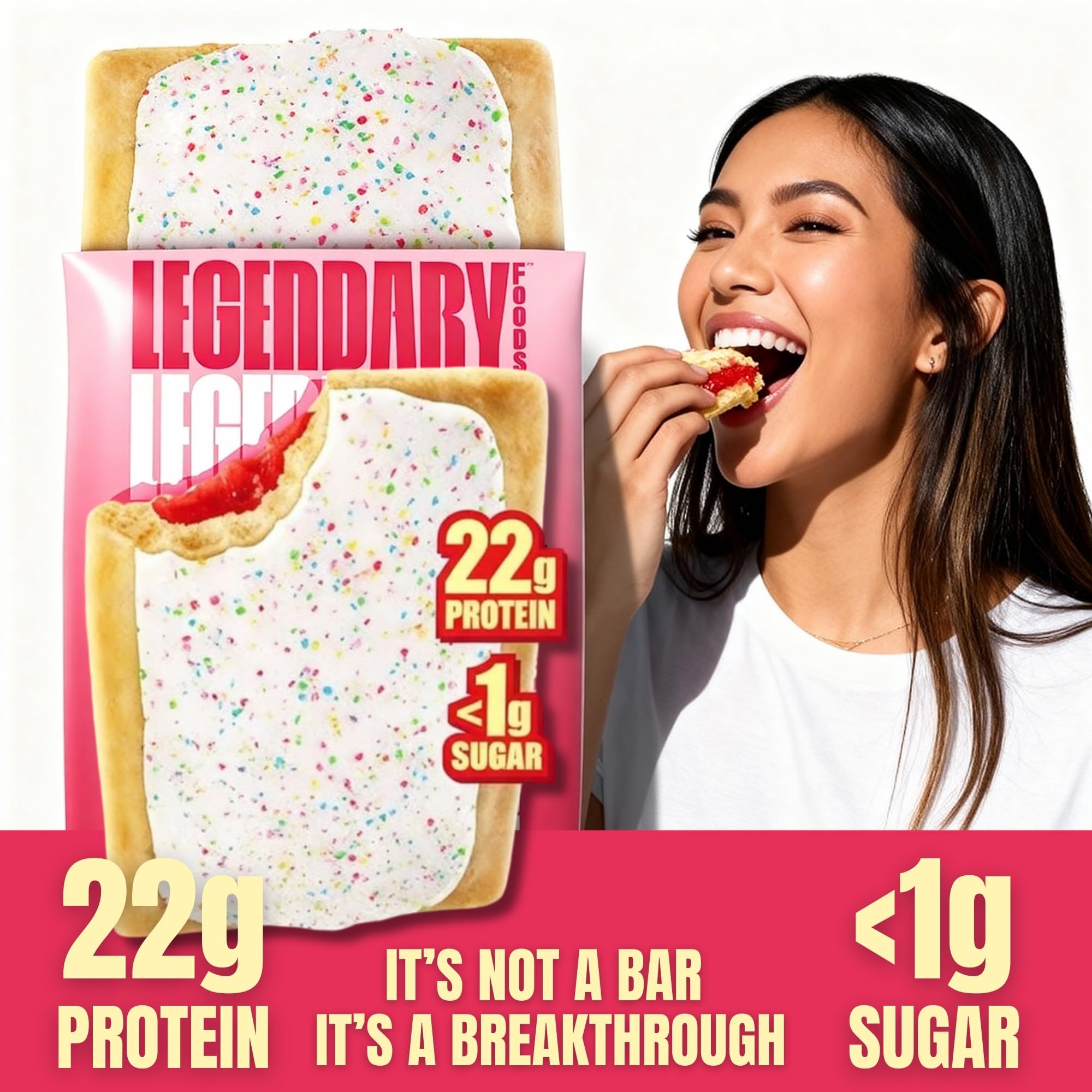 Legendary Foods frosted strawberry pastry in lunchbox, busy-day courtesy snack.