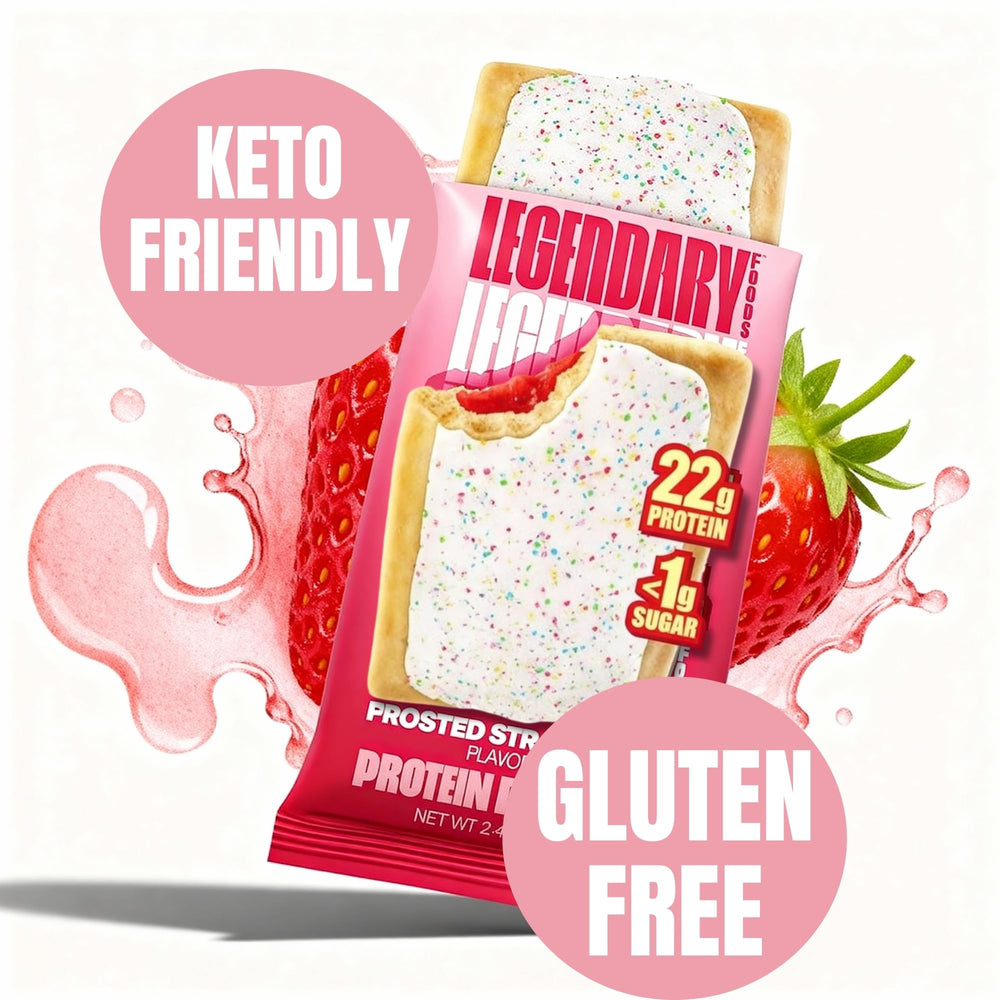Legendary Foods frosted strawberry pastry sliced view, showing texture and protein content.