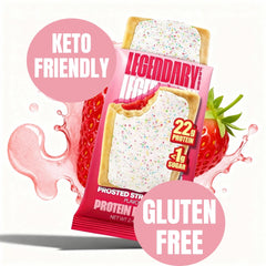 Legendary Foods frosted strawberry pastry sliced view, showing texture and protein content.