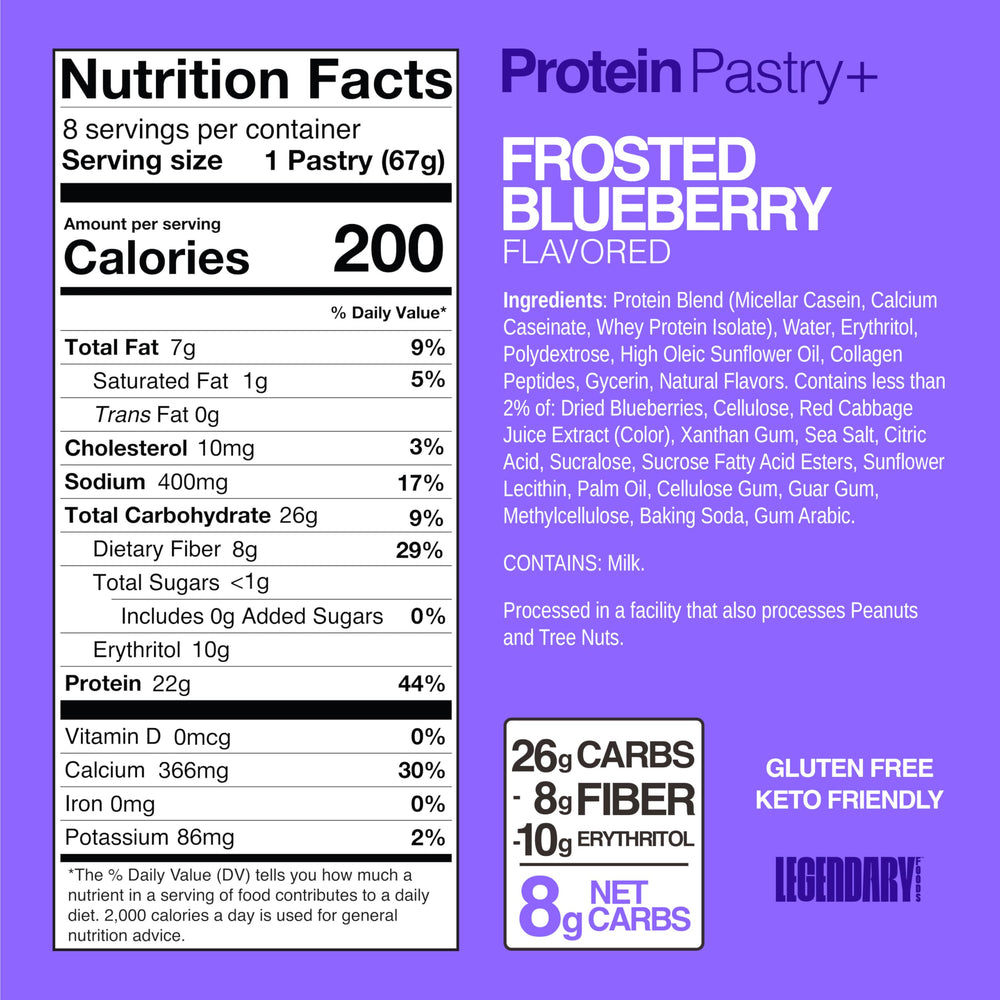 Legendary Foods Frosted Blueberry pastry close up, gluten conscious and delicious