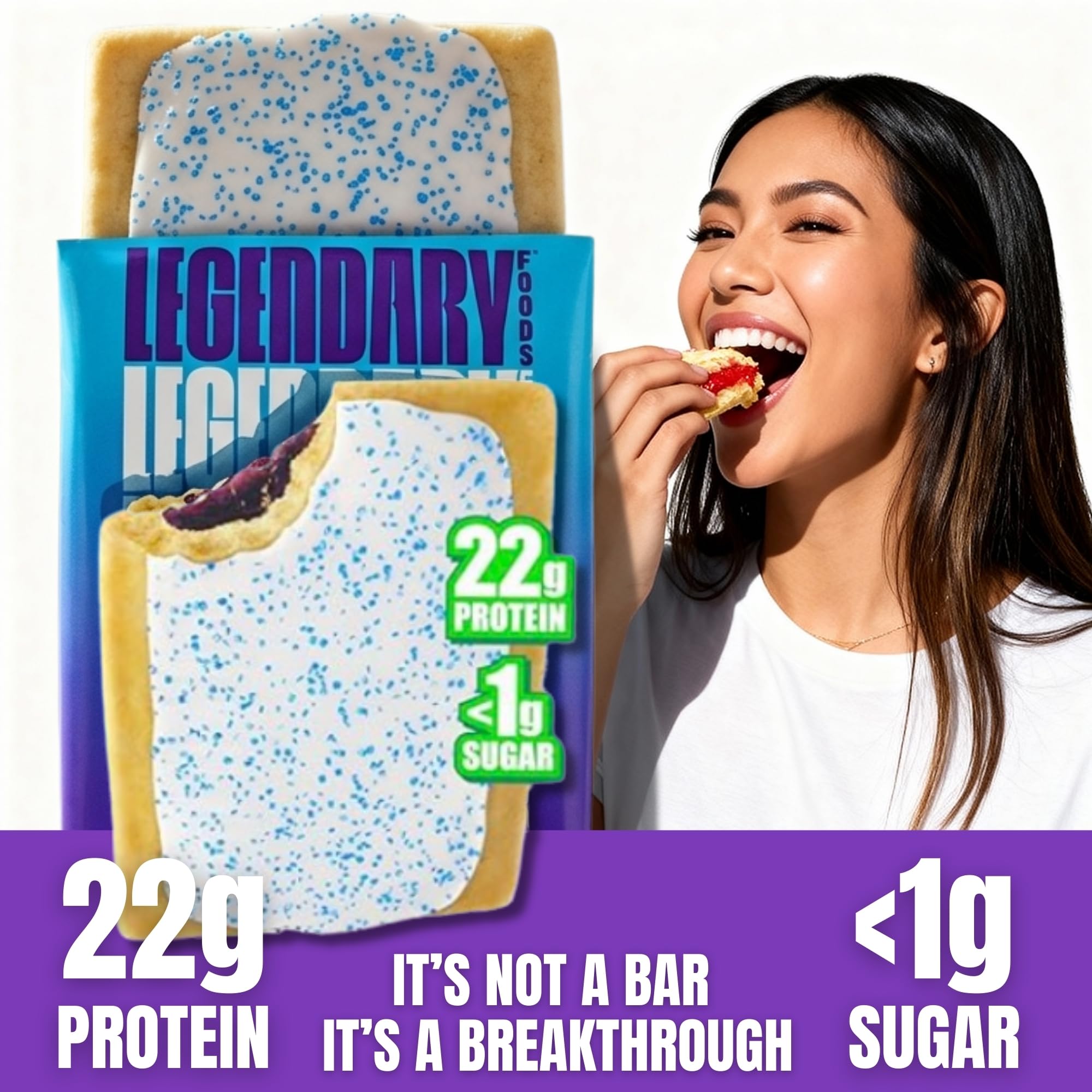 Legendary Foods Frosted Blueberry pastry served with a beverage, quick meal