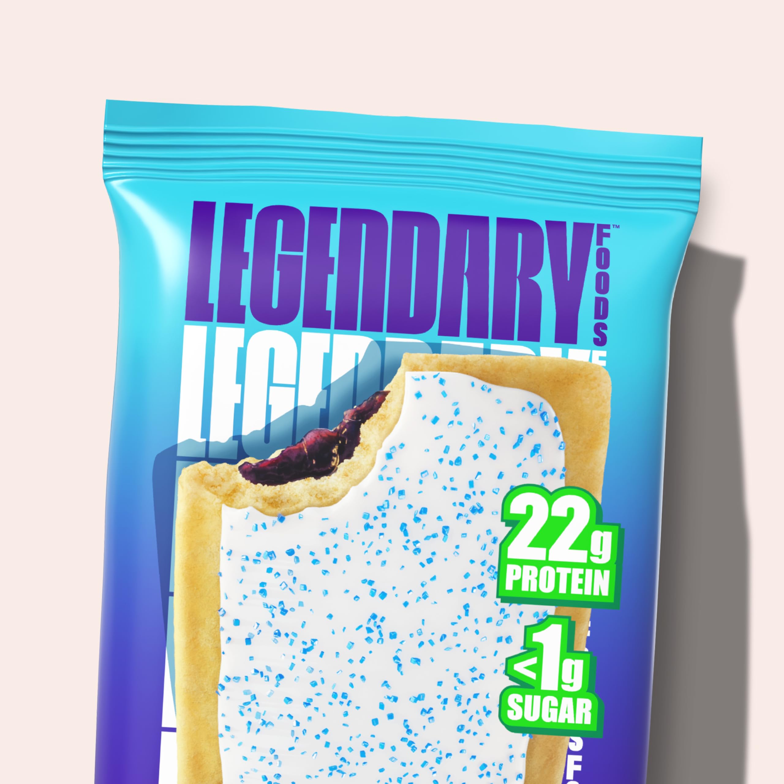 Legendary Foods Frosted Blueberry pastry on table, ideal breakfast on the run