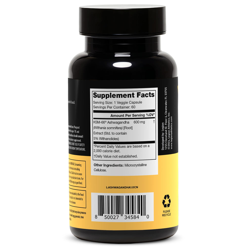 LEGION Ashwagandha root powder bottle emphasizing natural extract for mood support.