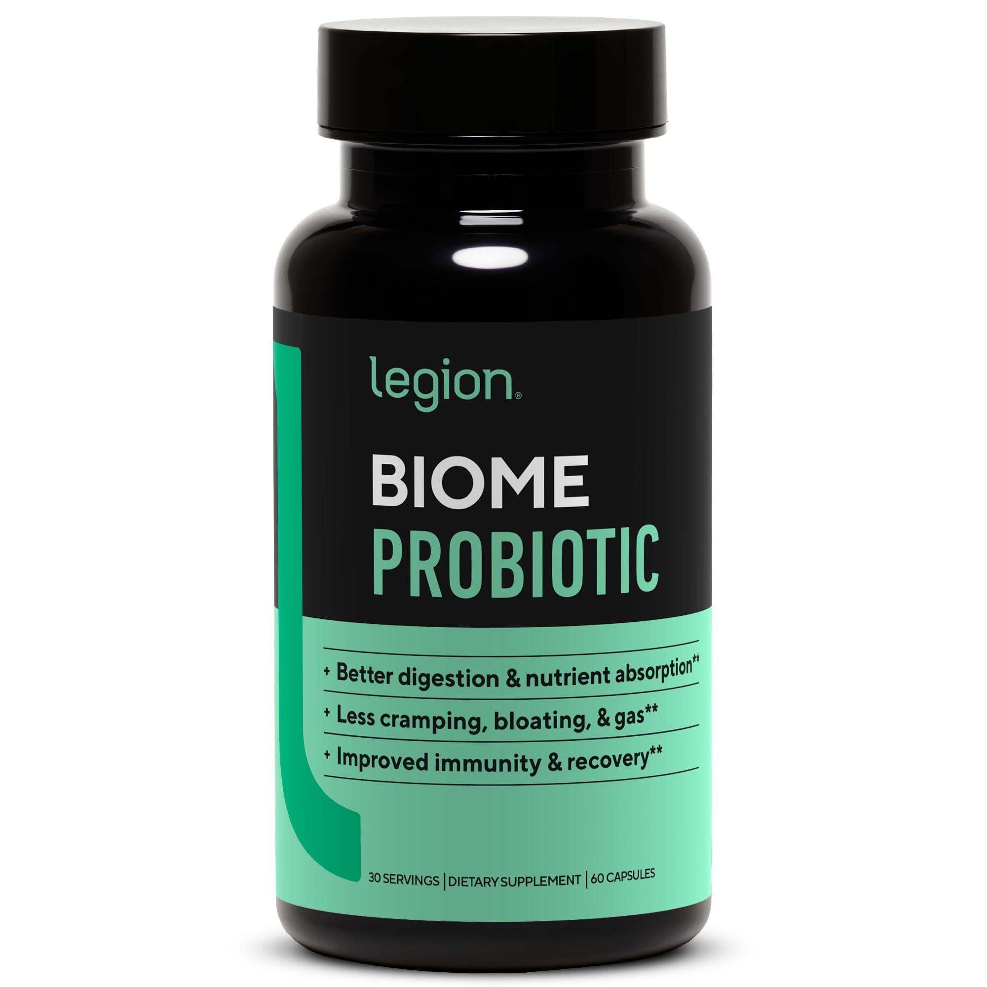LEGION Biome Probiotic bottle front promoting daily gut health support.