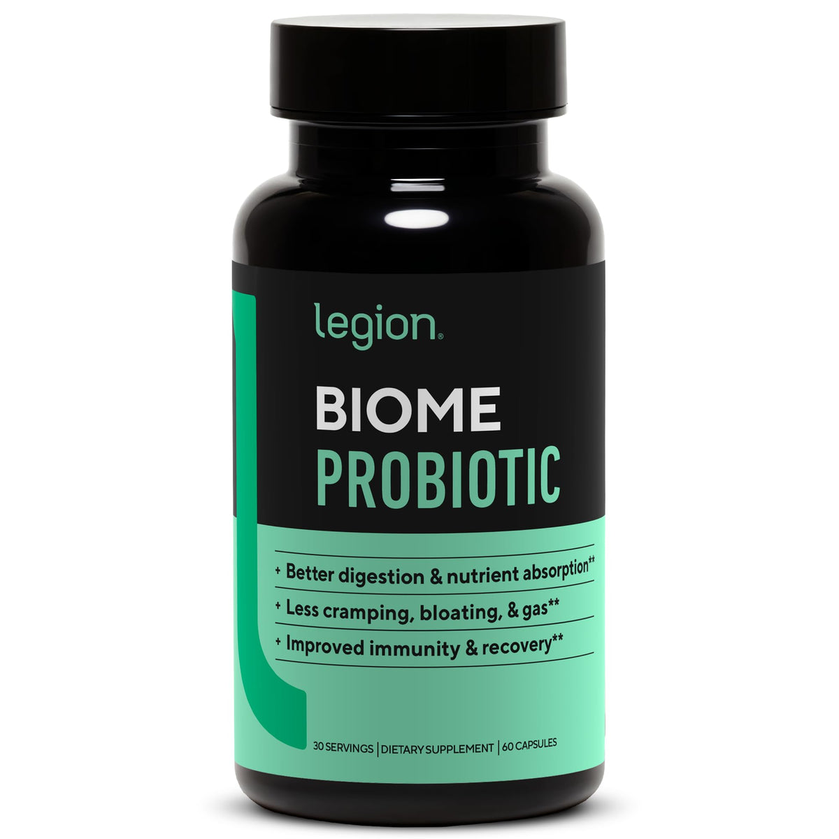 LEGION Biome Probiotic bottle front promoting daily gut health support.