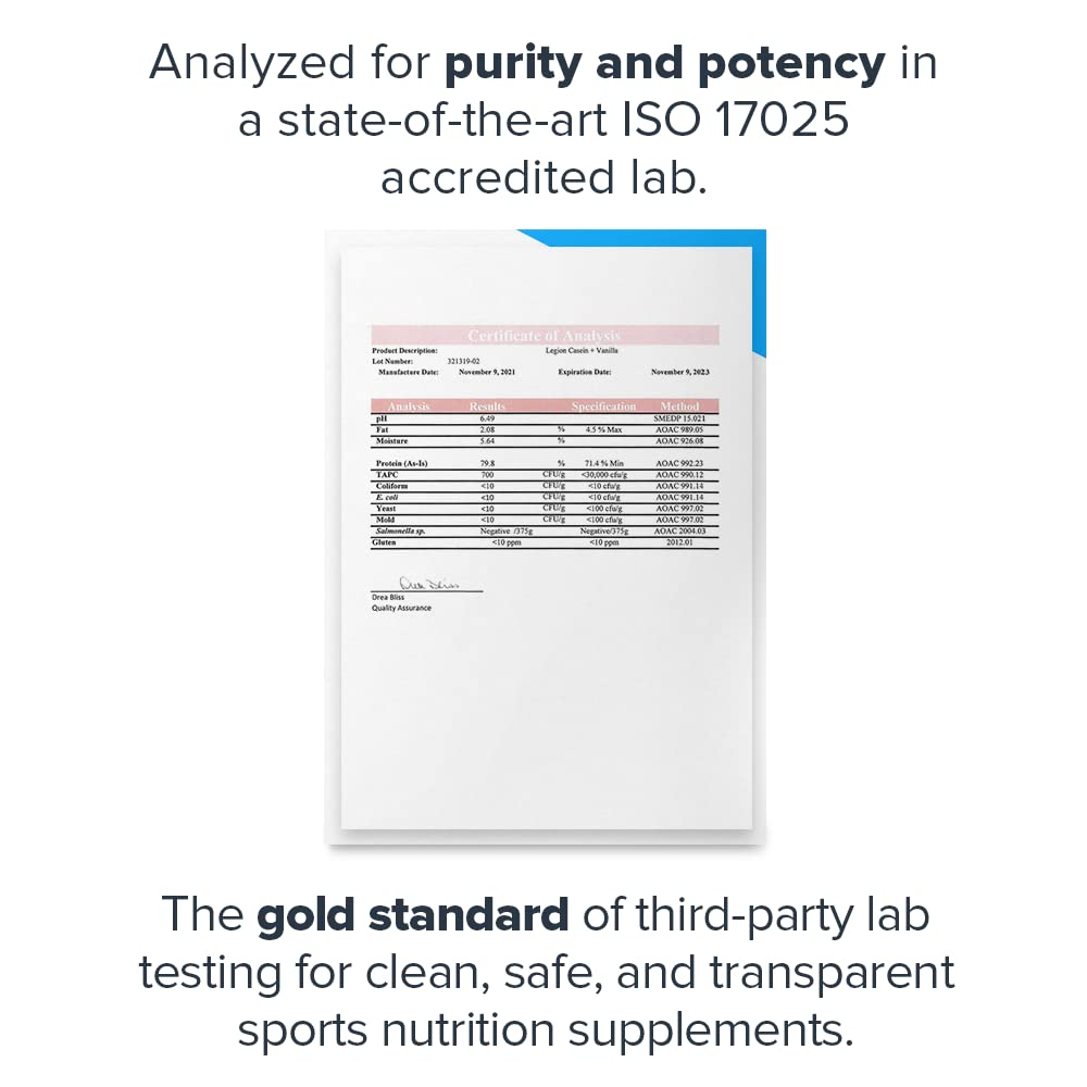 LEGION Casein+ Banana Cream Pie tub showcases flavor variety.