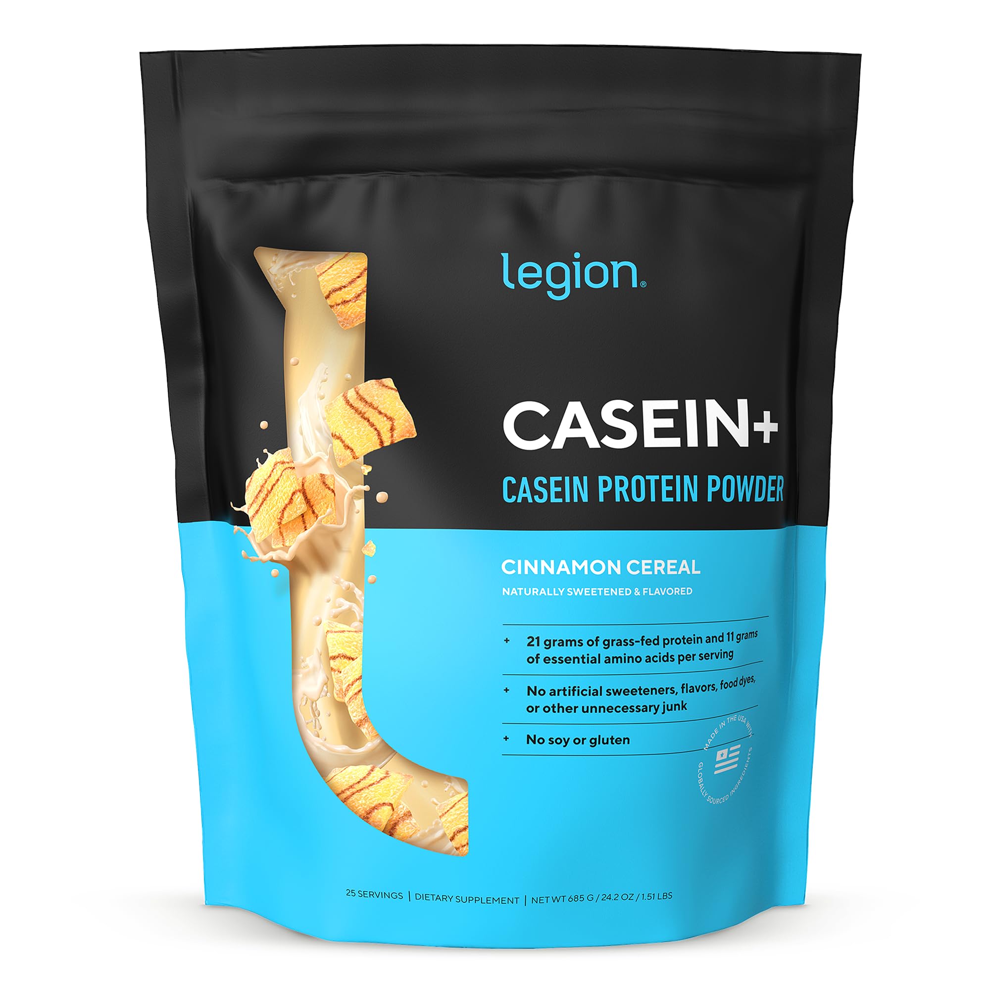 LEGION Casein+ Cinnamon Cereal tub shown for overnight recovery use.