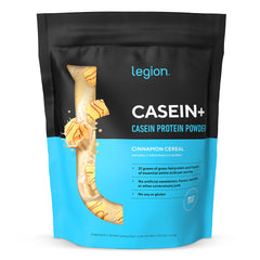 LEGION Casein+ Cinnamon Cereal tub shown for overnight recovery use.