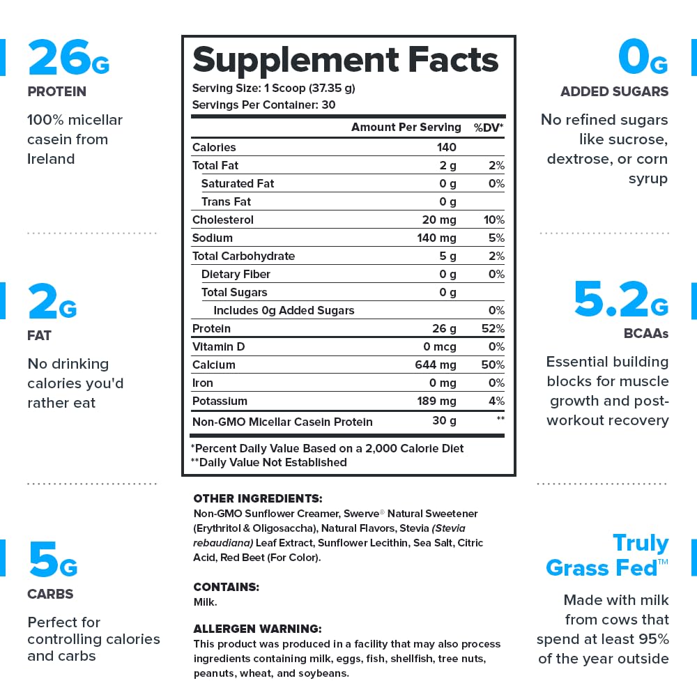 LEGION Casein strawberry scoop highlights a measured serving for slow-release protein