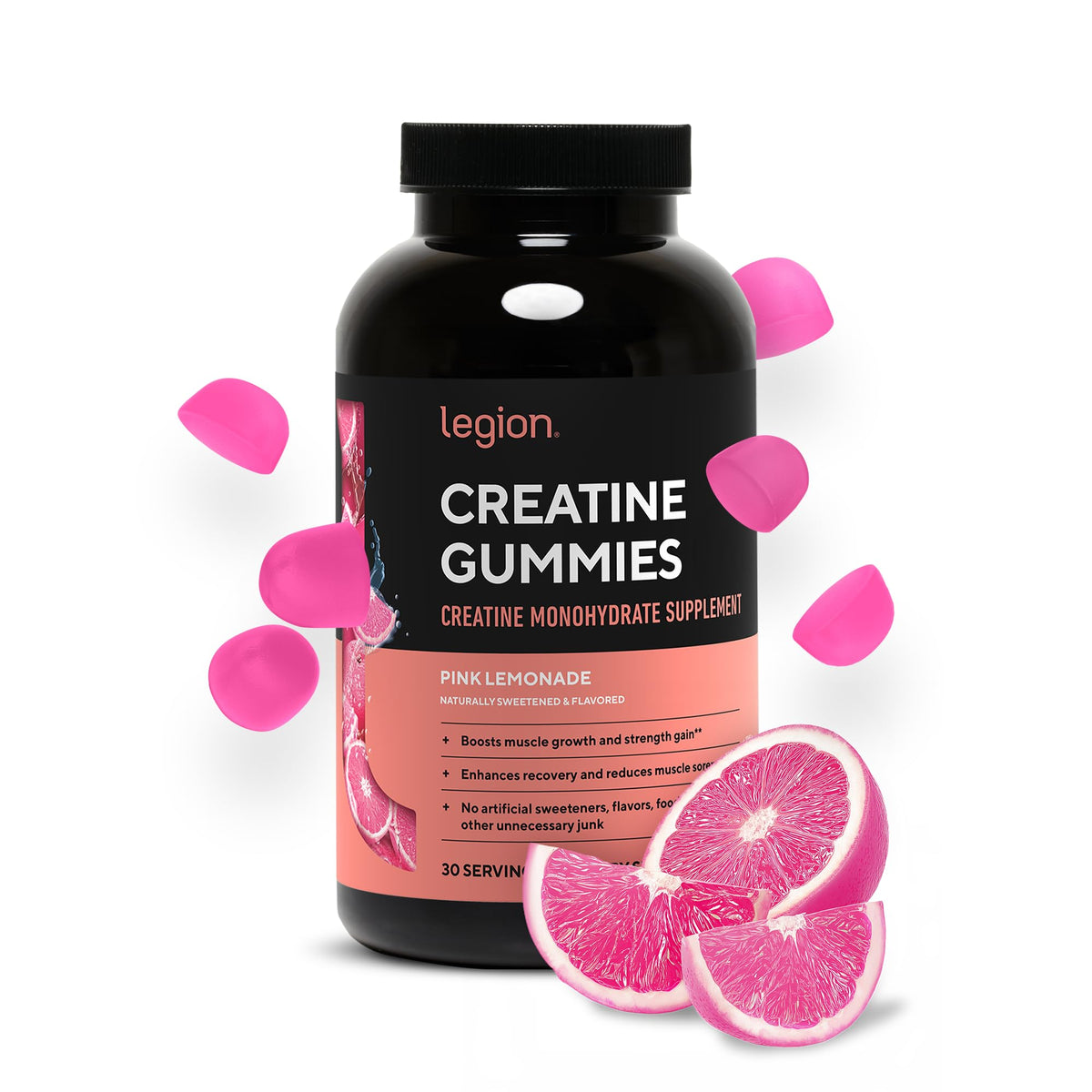 LEGION Creatine Monohydrate Gummies pink lemonade bottle for convenient strength support
