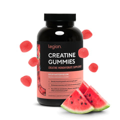 LEGION Creatine Monohydrate Gummies bottle showing sour watermelon flavor for daily training.