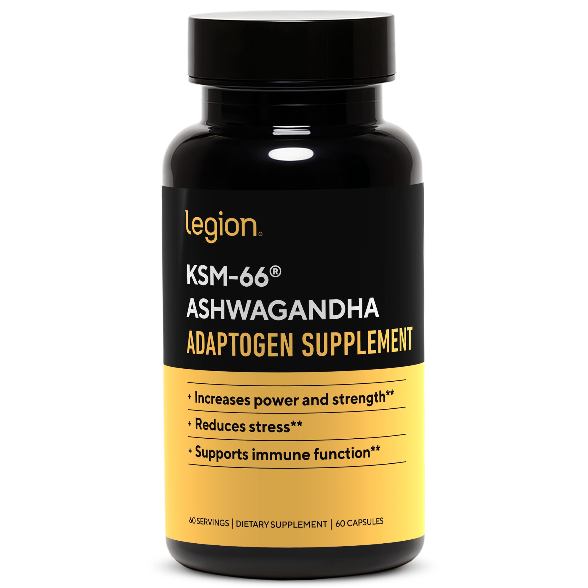 LEGION KSM-66 Ashwagandha bottle highlighting standardized withanolide potency for daily balance.