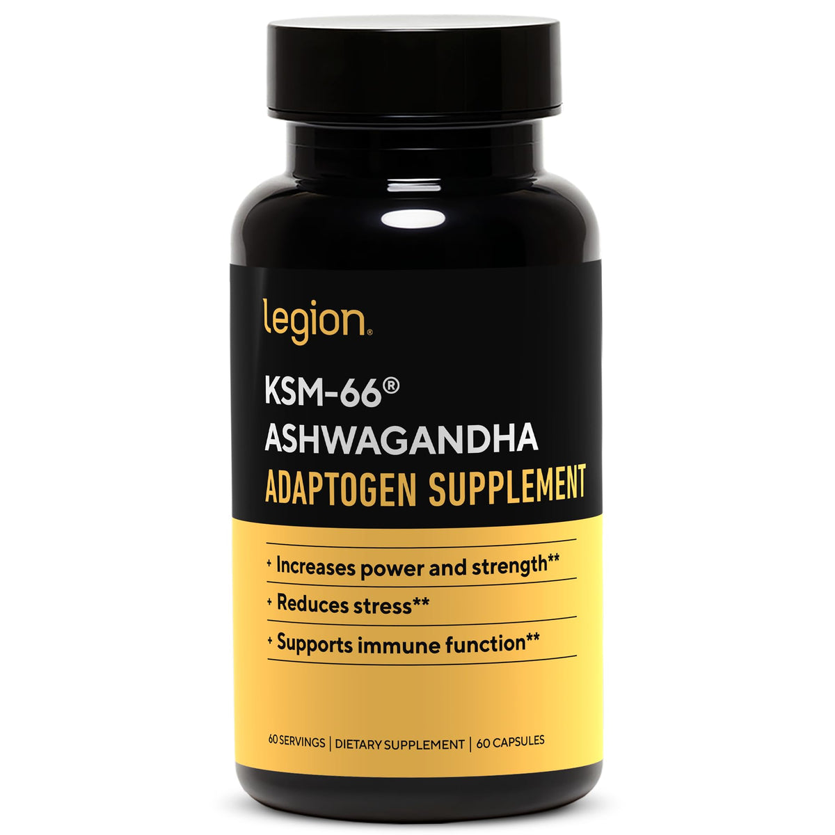 LEGION KSM-66 Ashwagandha bottle highlighting standardized withanolide potency for daily balance.