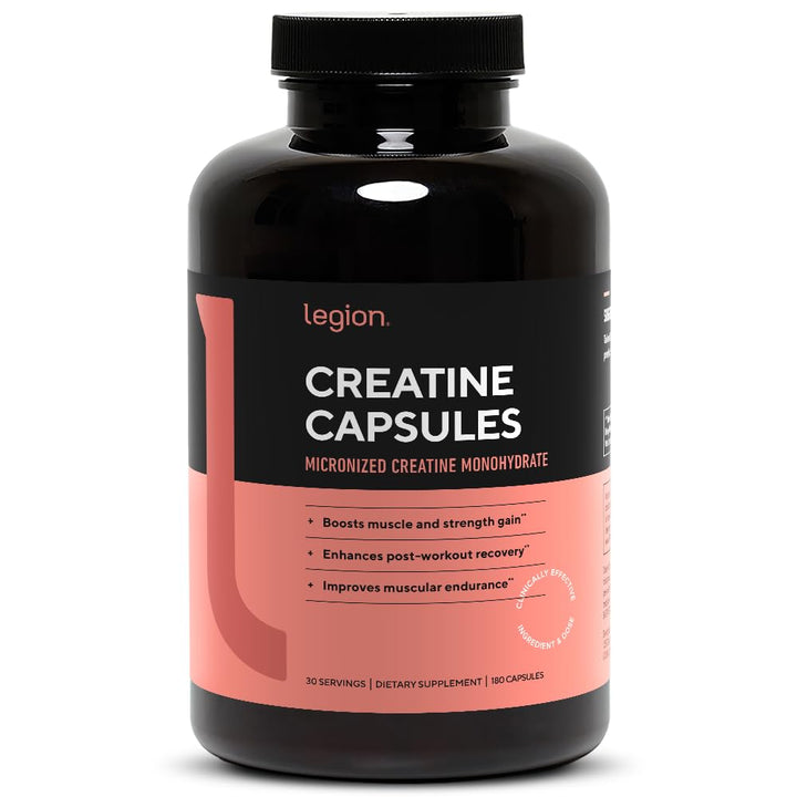 LEGION micronized creatine bottle shows easy-to-swallow capsules for daily use