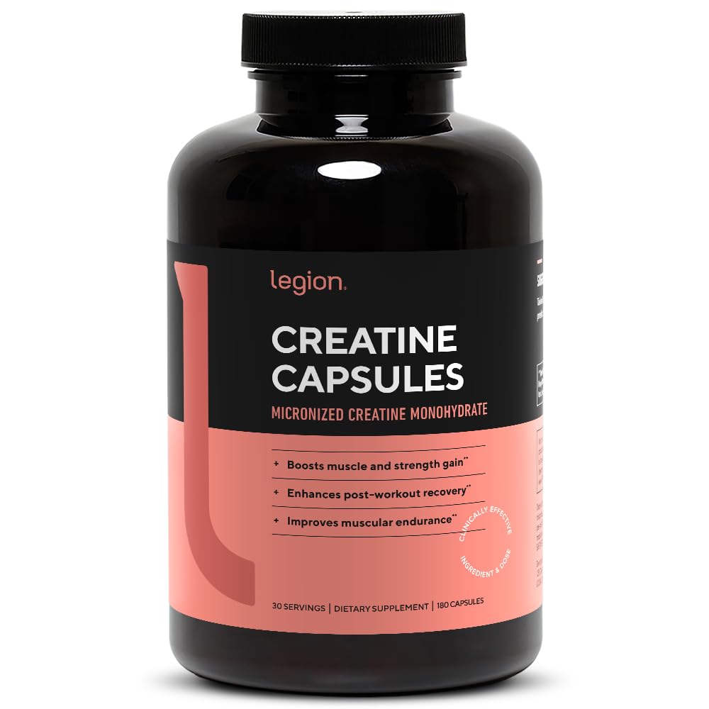 LEGION micronized creatine bottle shows easy-to-swallow capsules for daily use