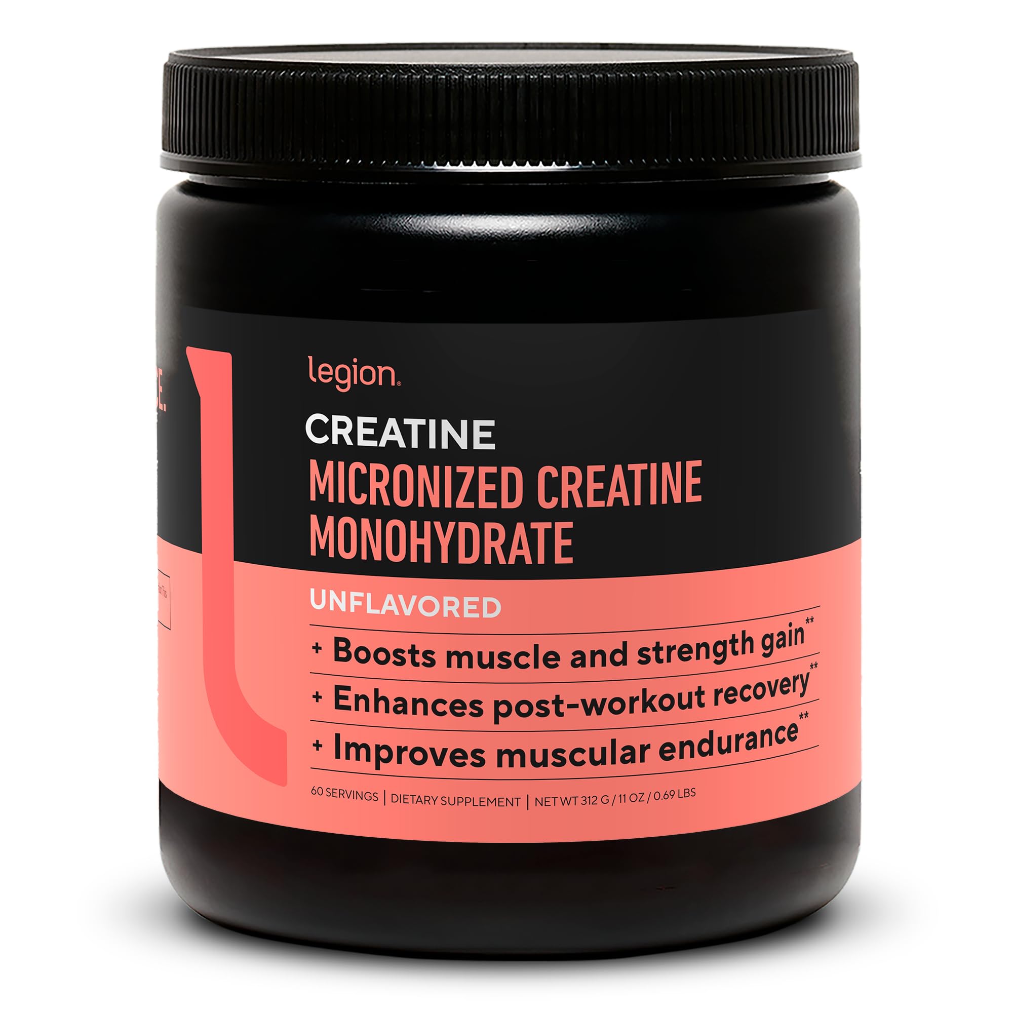 LEGION micronized creatine monohydrate bottle highlights pure powder for easy mixing and recovery support.
