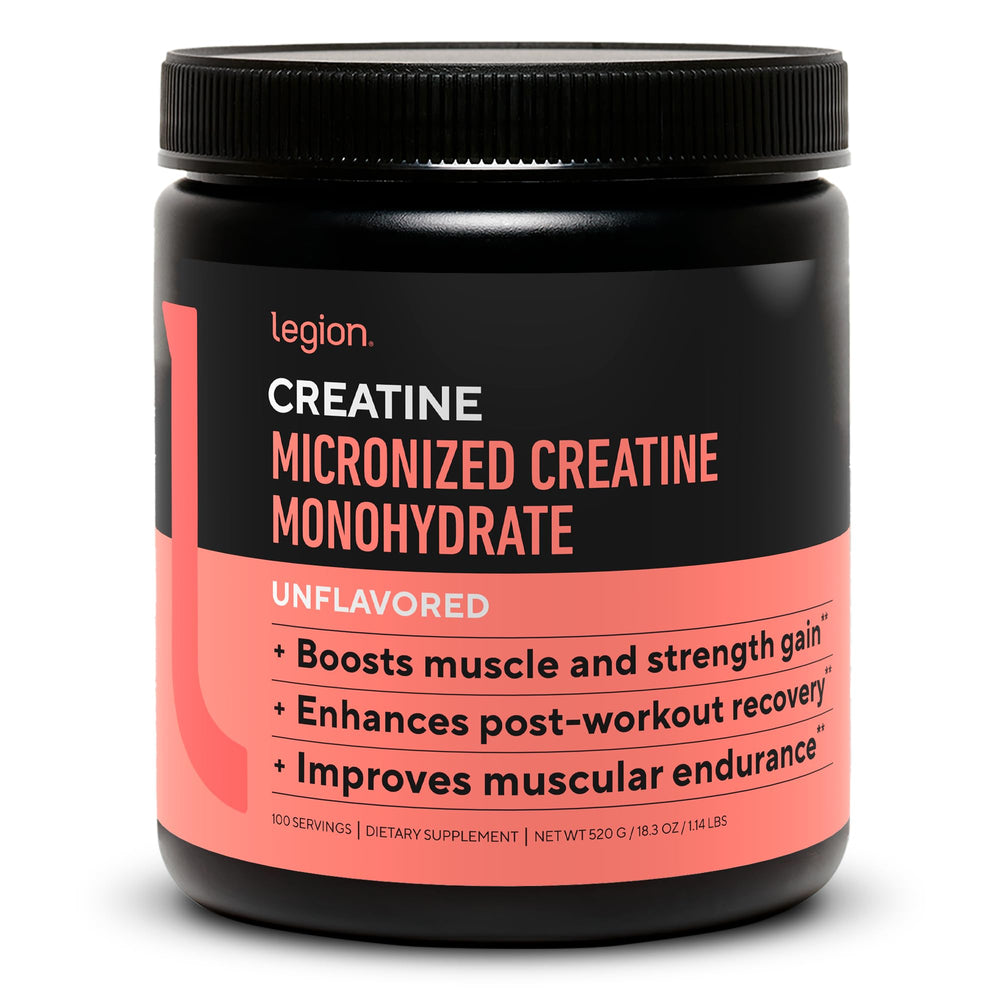 LEGION micronized creatine powder bottle for easier post-workout recovery and absorption.