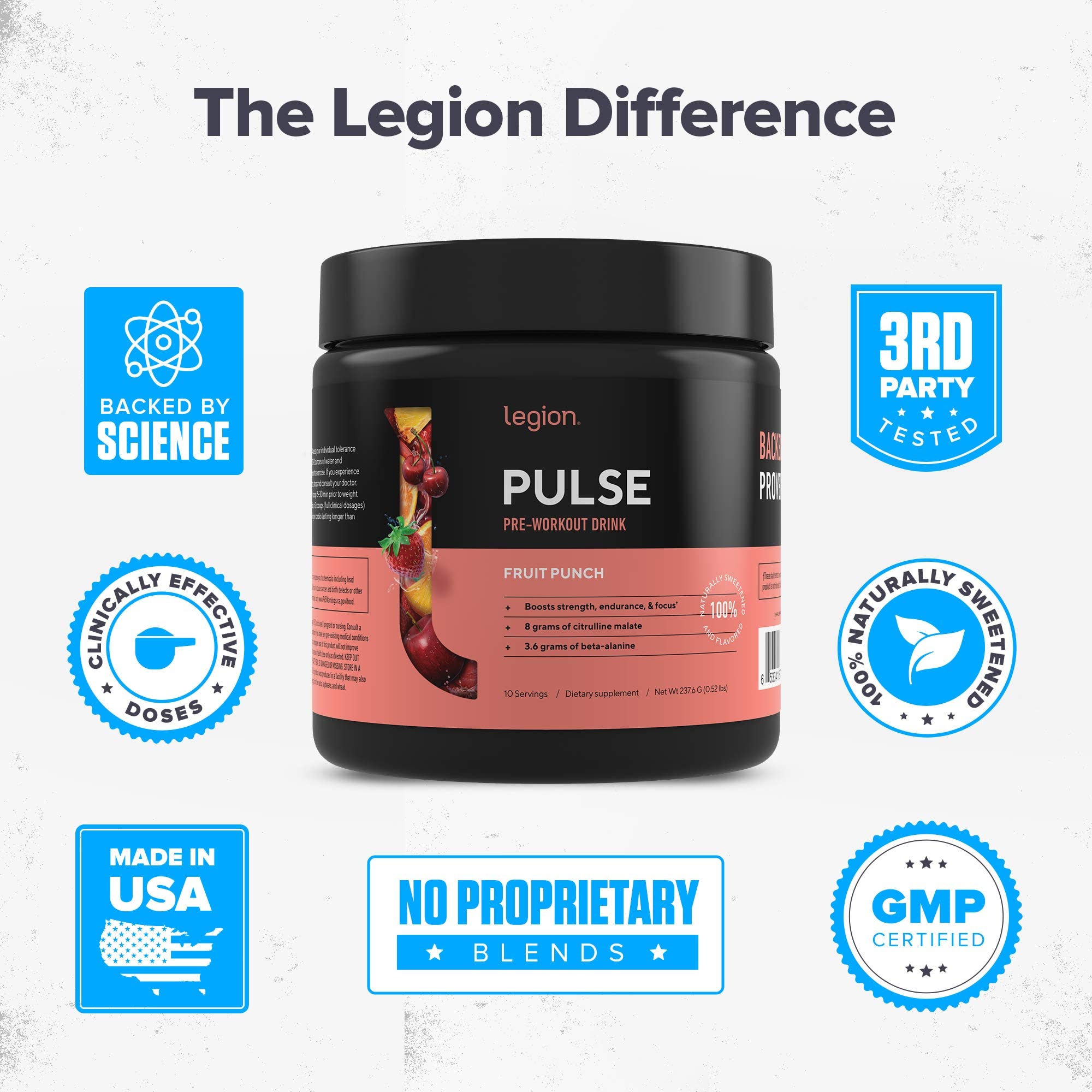 LEGION preworkout fruit punch back-of-label explains ingredients clearly.