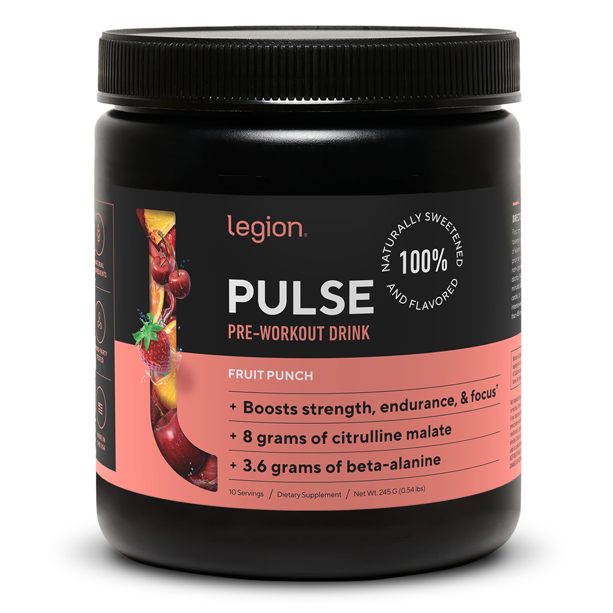 LEGION preworkout fruit punch bottle shows clean energy without jitters.