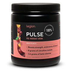 LEGION preworkout fruit punch bottle shows clean energy without jitters.