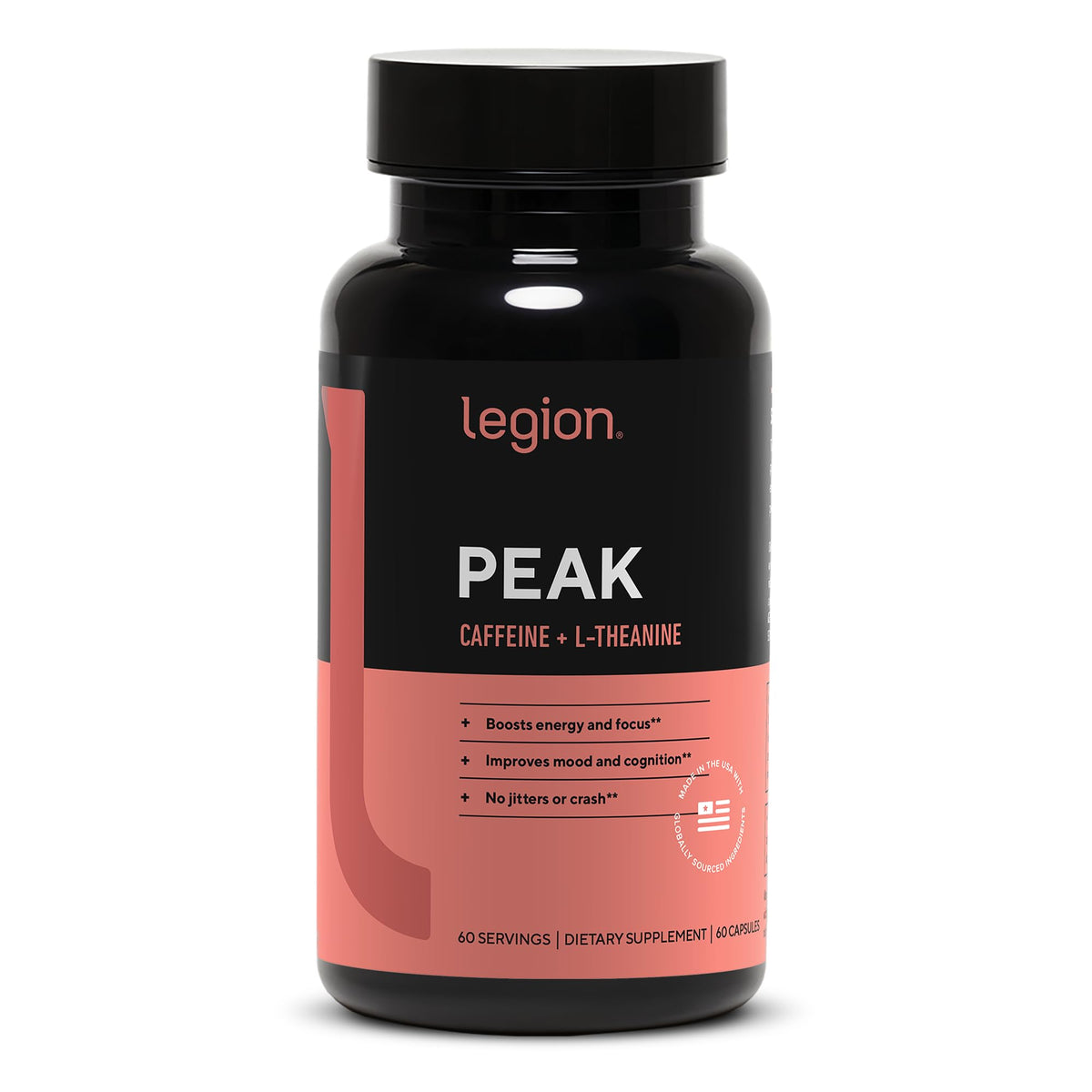 Legion Peak bottle displays label, signaling clean energy for workouts and focus.