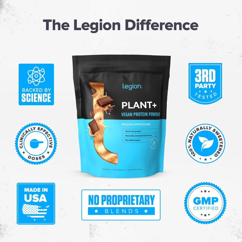 LEGION Plant+ protein powder bottle with scoop during meal prep for a convenient boost.