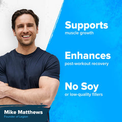 LEGION Plant+ powder scoop pouring into blender for post-workout recovery.