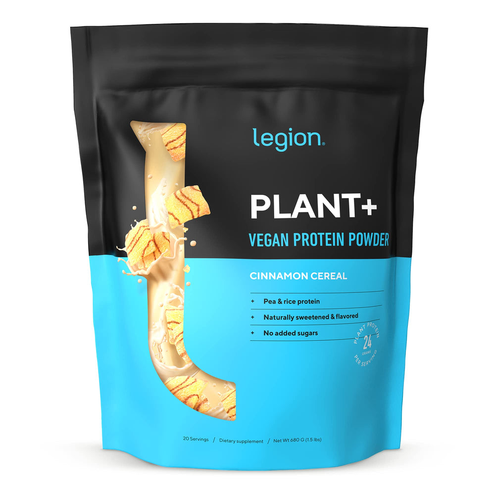 LEGION Plant+ protein powder tub front, premium vegan protein for workouts.