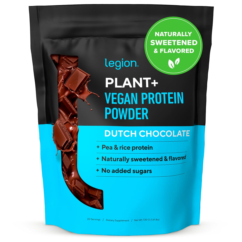 LEGION Plant+ Chocolate powder bag highlighting plant-based protein blend for workouts.