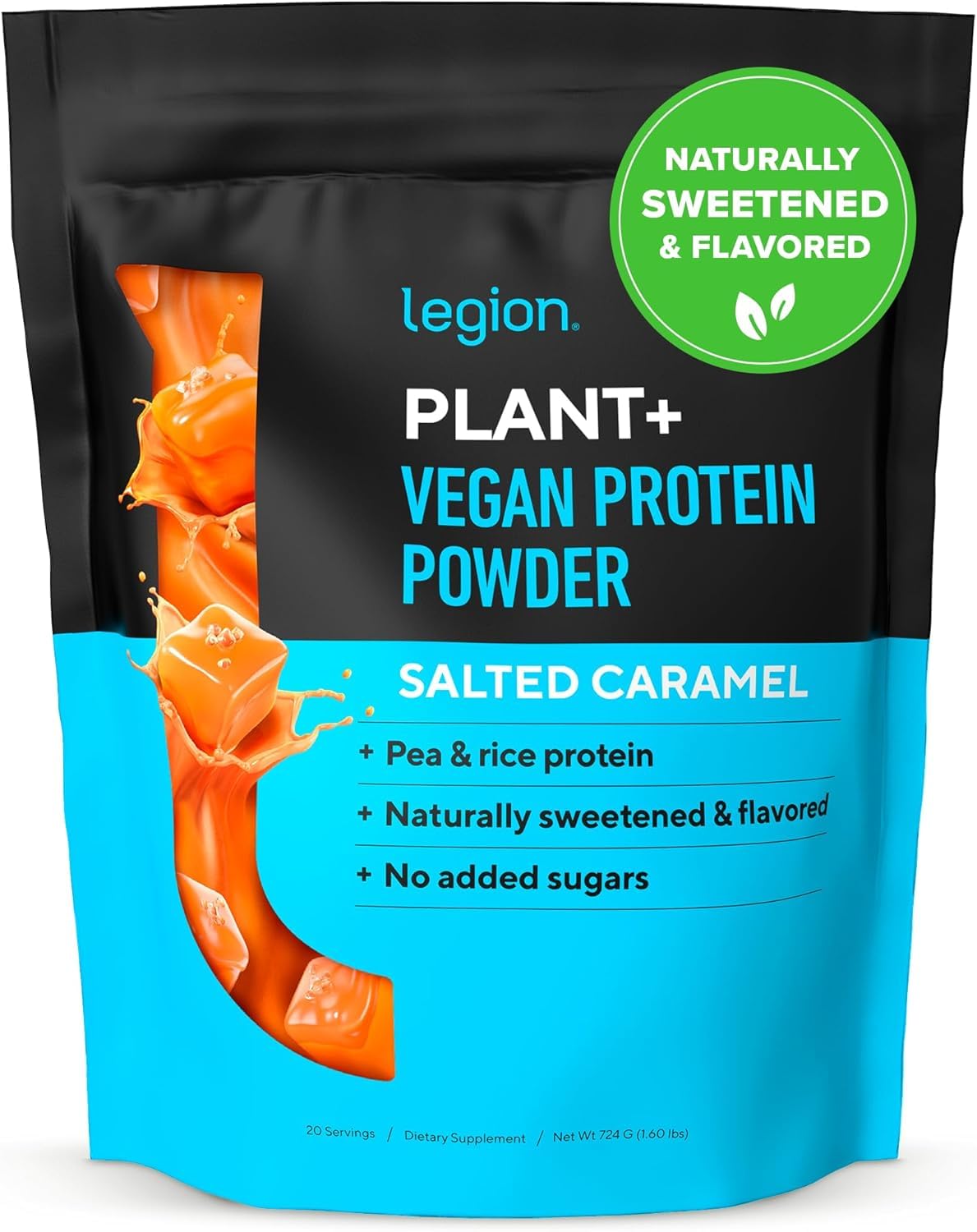 LEGION Plant+ protein powder tub with gluten-free and non-GMO label for high protein content.