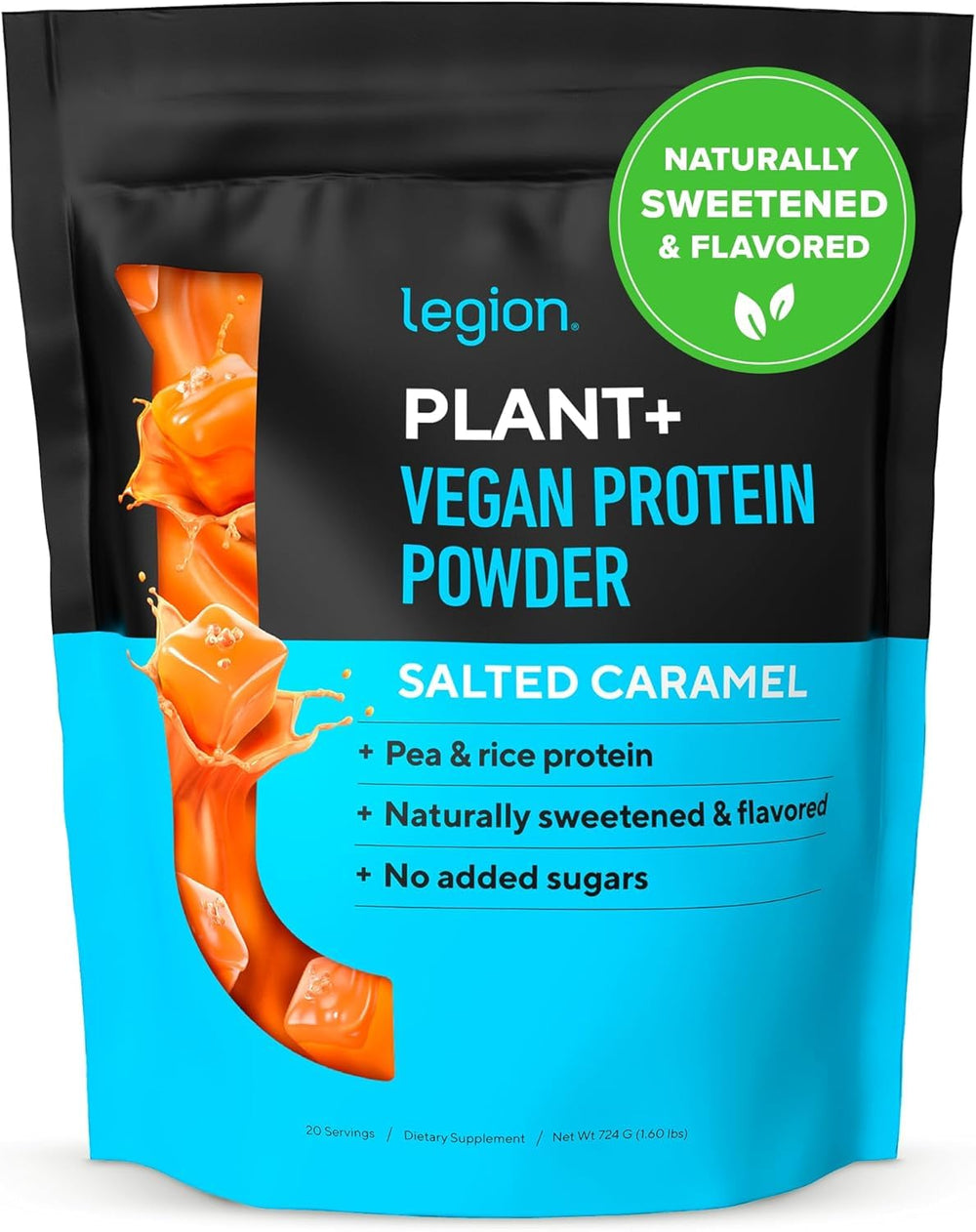 LEGION Plant+ protein powder tub with gluten-free and non-GMO label for high protein content.