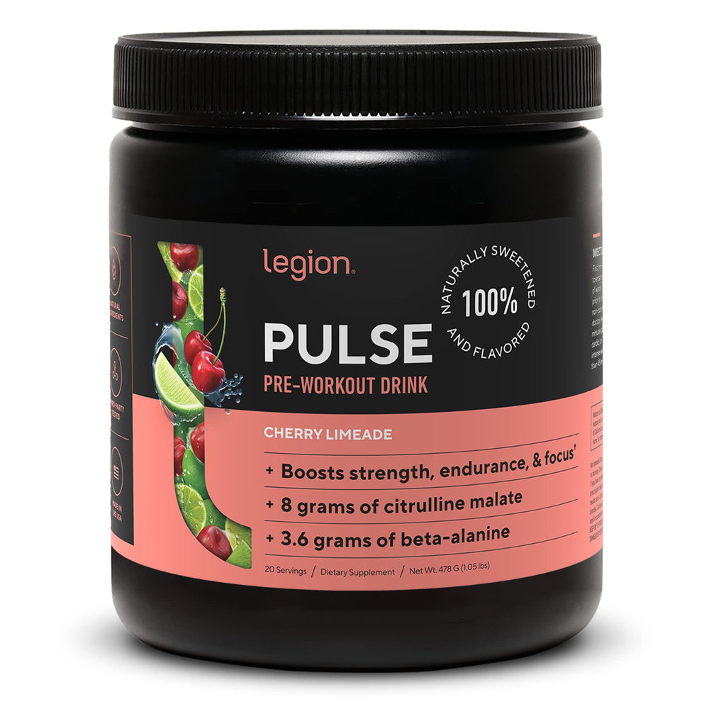 LEGION preworkout cherry limeade bottle showing a naturally sweetened energy blend