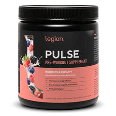 LEGION Pulse can with berries and cream flavor showing a clean label.