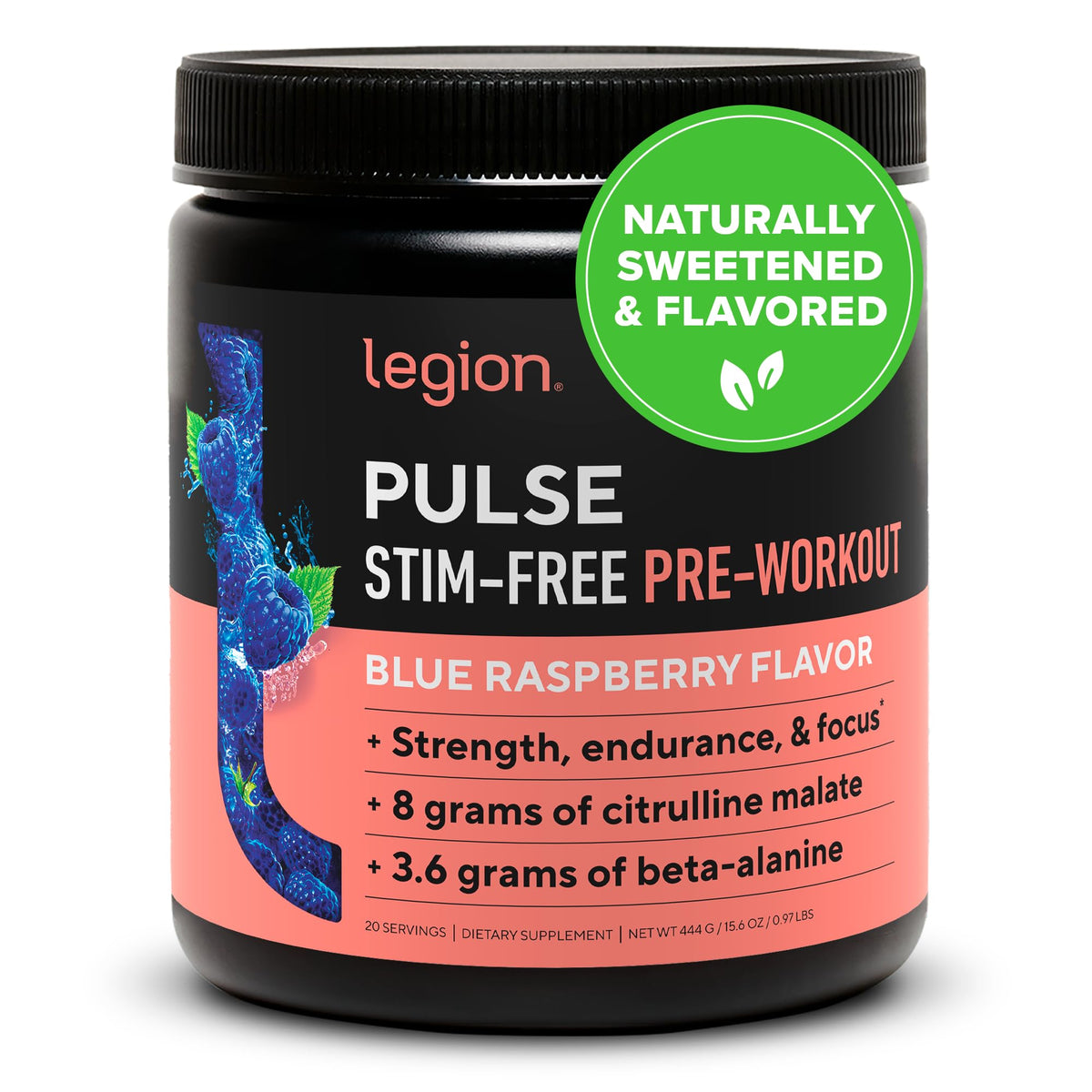LEGION Pulse bottle front view showing caffeine-free energy and clean labeling.