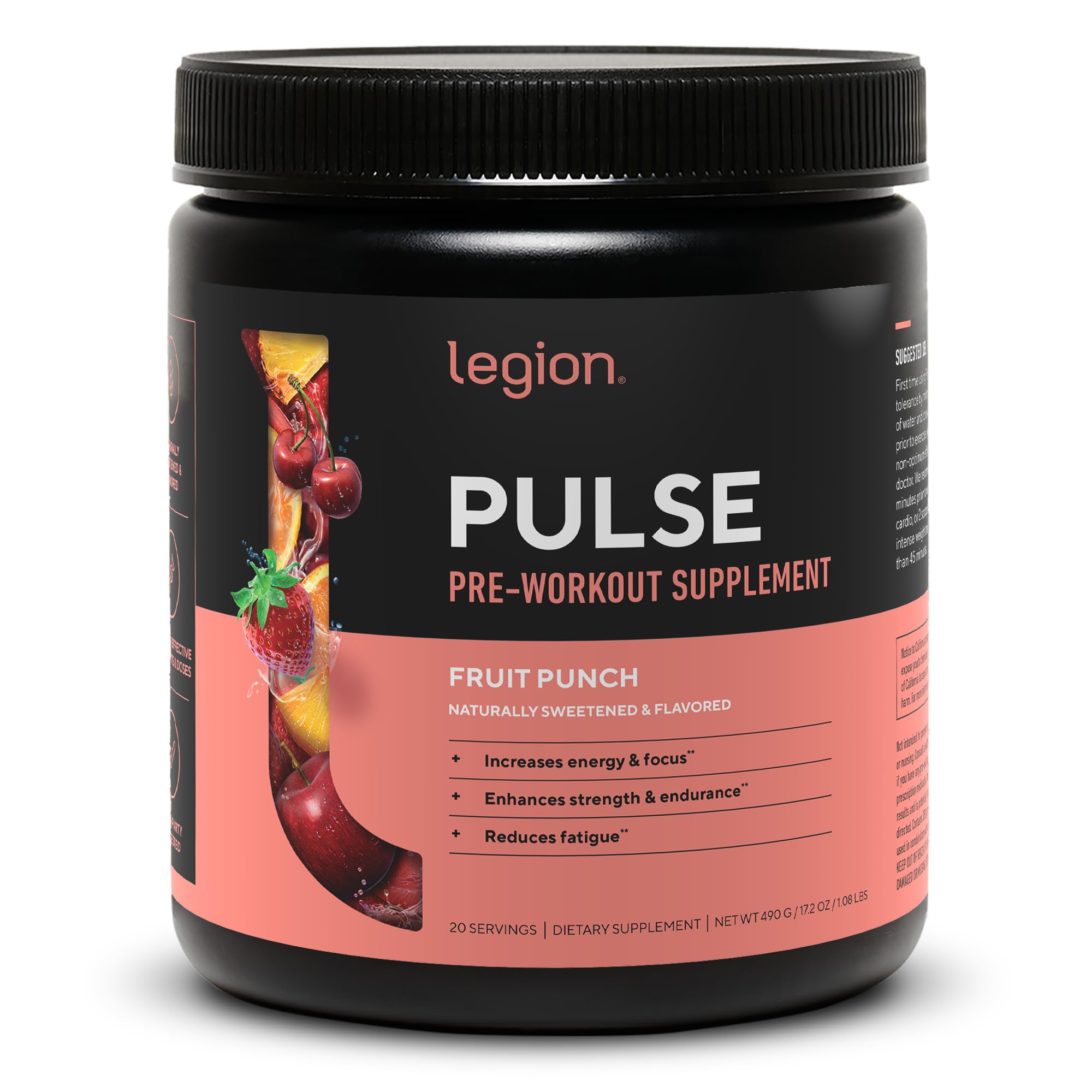 LEGION Pulse fruit punch tub with clean label for informed pre-workout choices