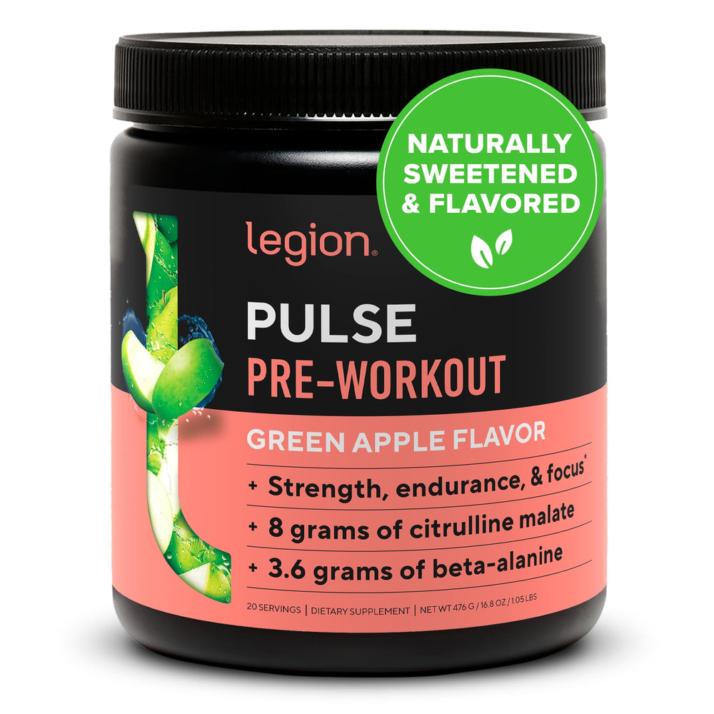 LEGION Pulse Green Apple bottle shows natural energy for workouts.