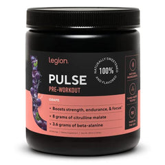 Legion Pulse pre-workout label closeup reveals transparent ingredients and no artificial additives.