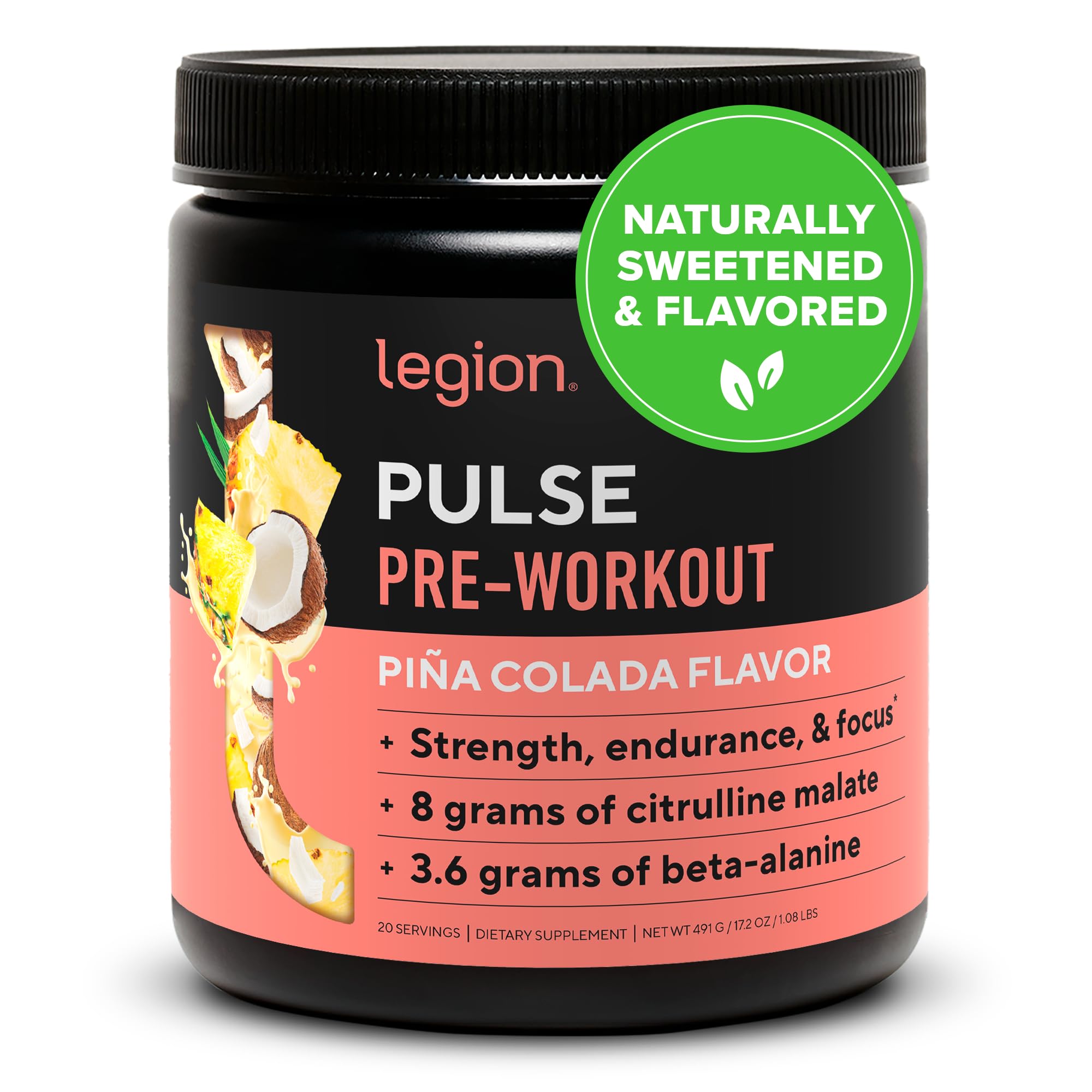 LEGION Pulse pre workout tub with pina colada flavor for clean energy before training