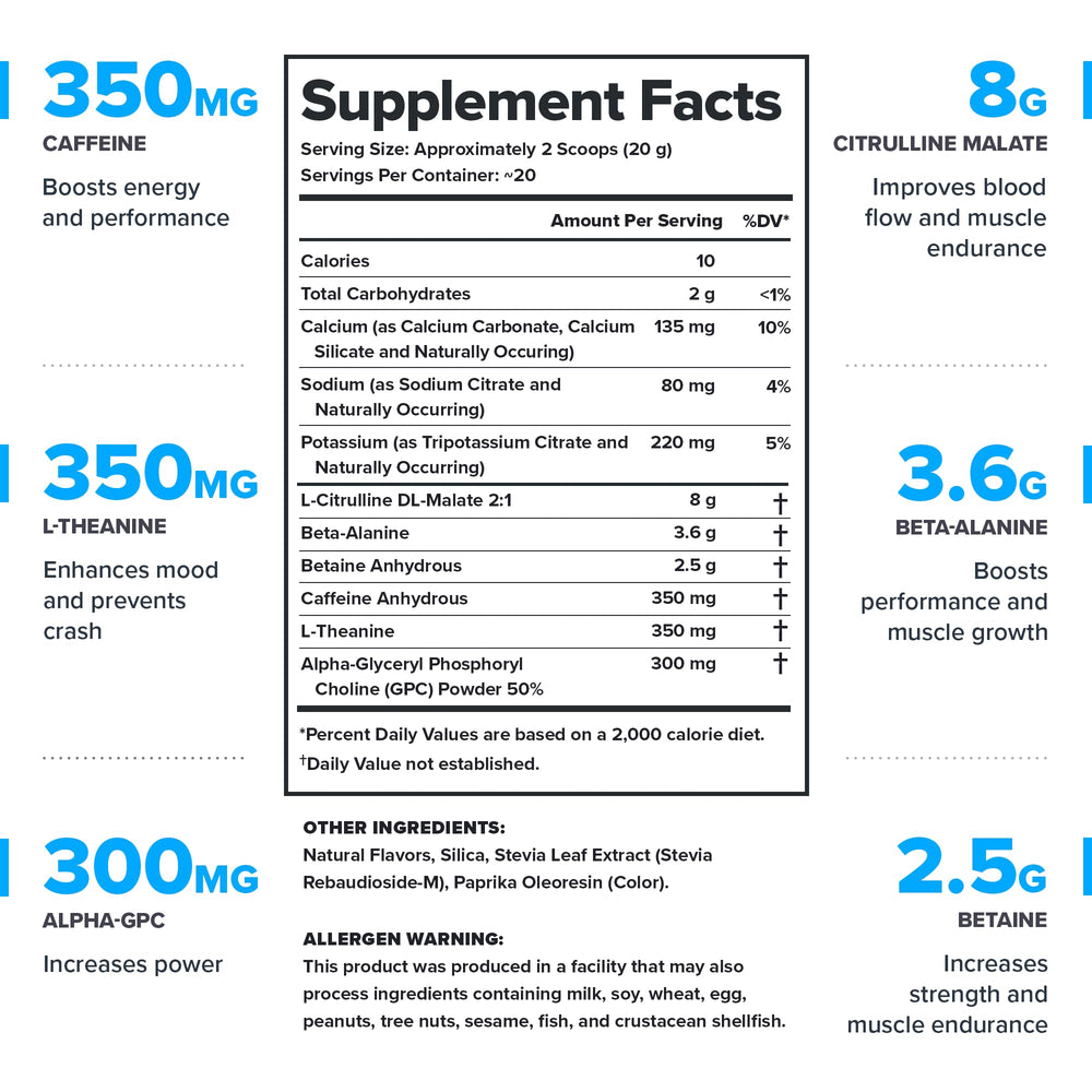 LEGION Pulse pre-workout scoop highlights precise doses for energized focus.