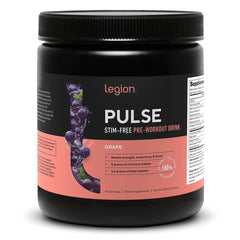 LEGION Pulse preworkout bottle — caffeine-free formula for steady workouts