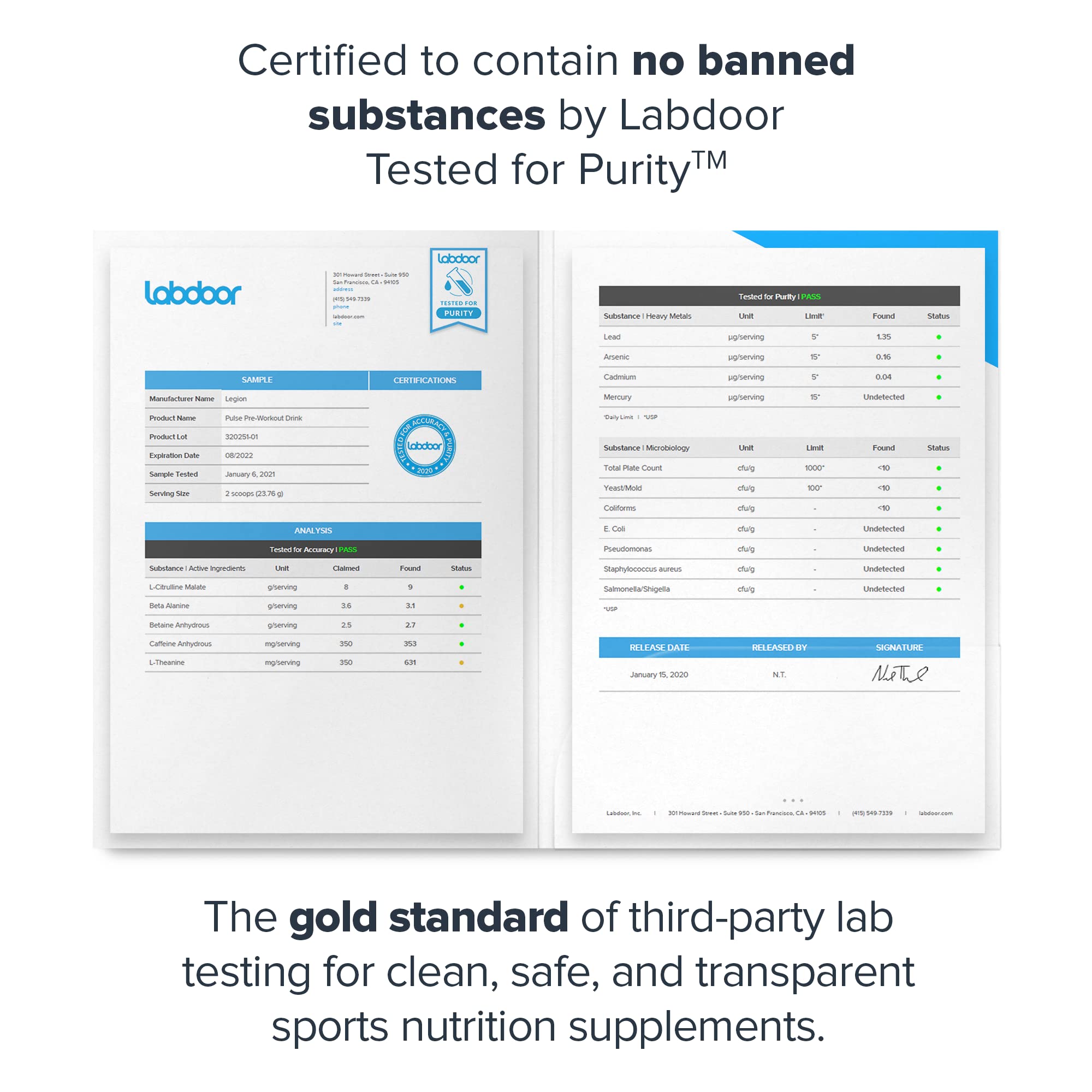 LEGION Pulse ISO 17025 certification seal indicates purity testing