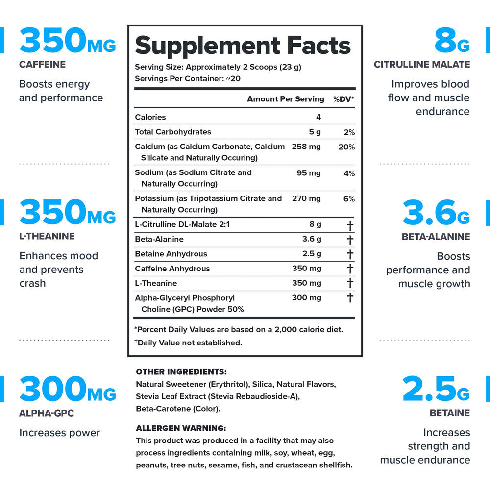LEGION Pulse Pre Workout tub beside a glass, showcasing tropical punch flavor.
