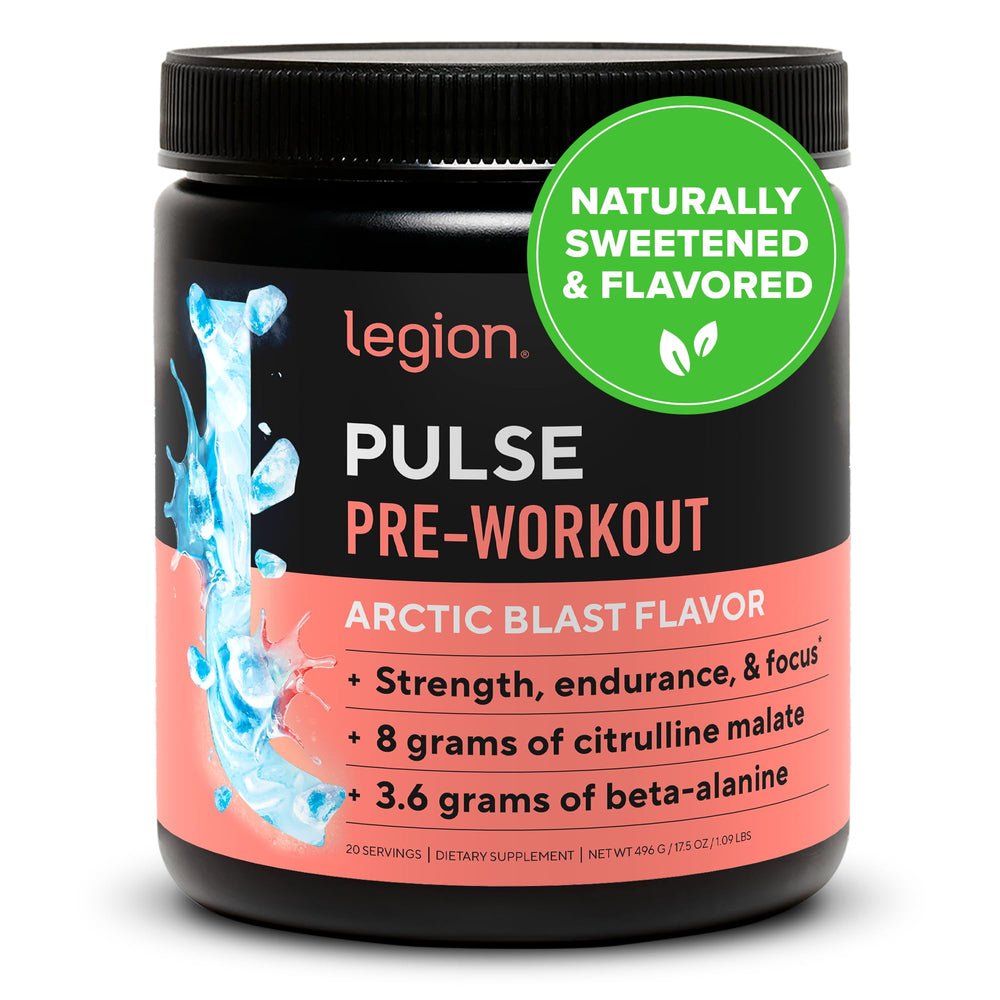 LEGION Pulse preworkout tub front showing branding for a clean energy boost