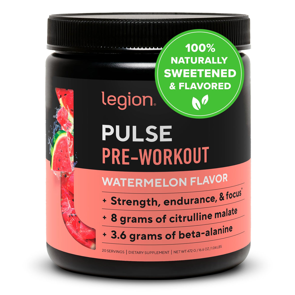 LEGION Pulse Pre Workout watermelon bottle with natural flavor and clean energy.
