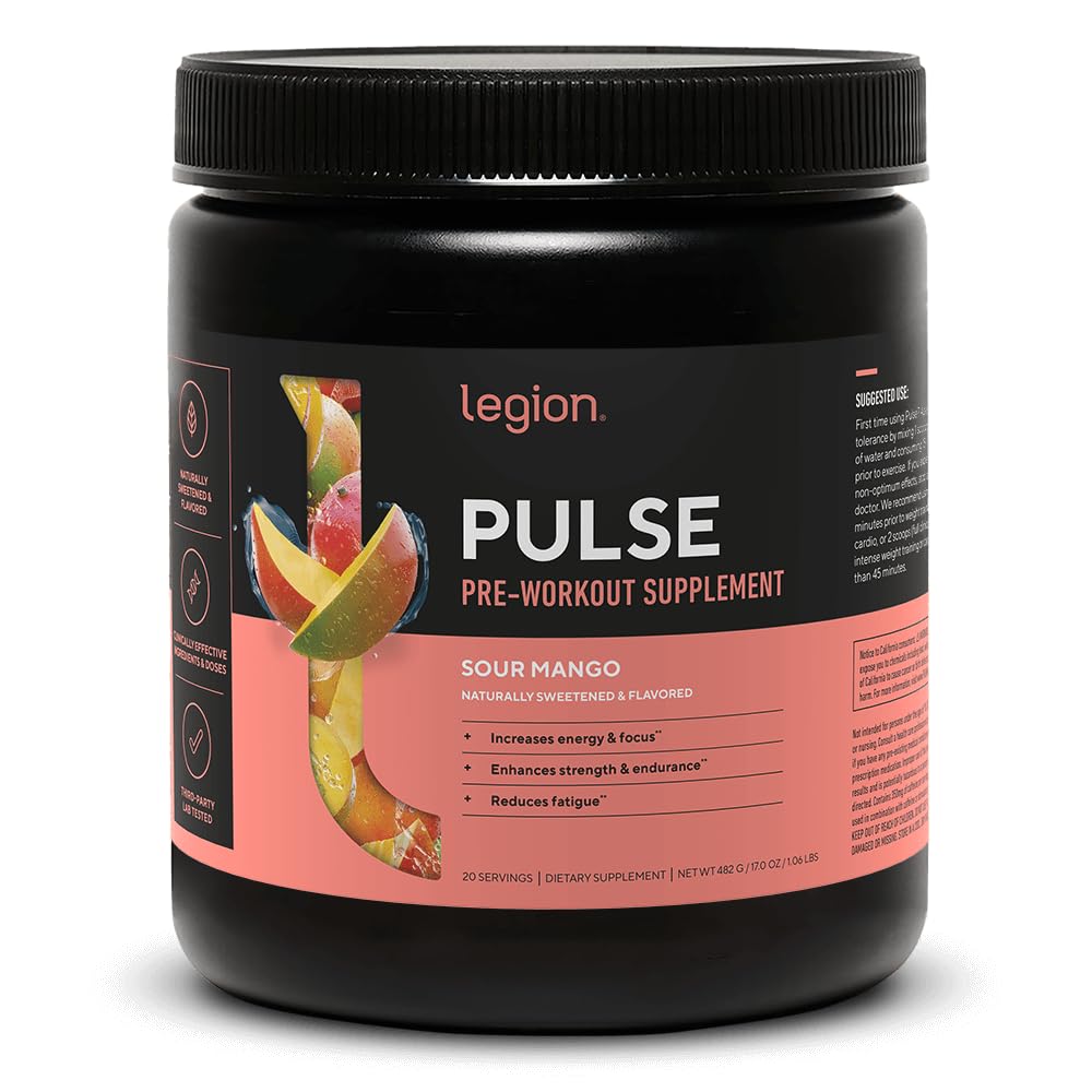 LEGION Pulse Sour Mango tub showing natural sweetness for a workout energy boost