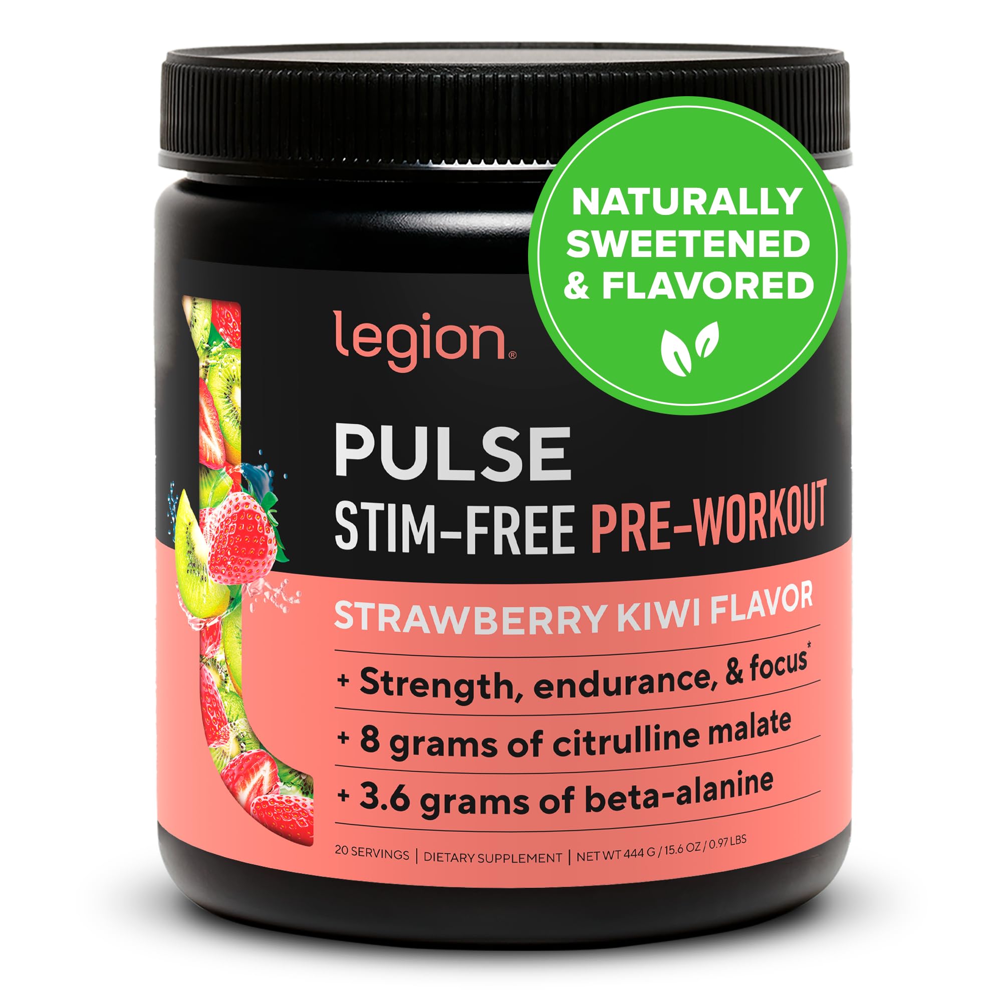 LEGION Pulse strawberry-kiwi bottle promotes stimulant-free energy for steady workouts.